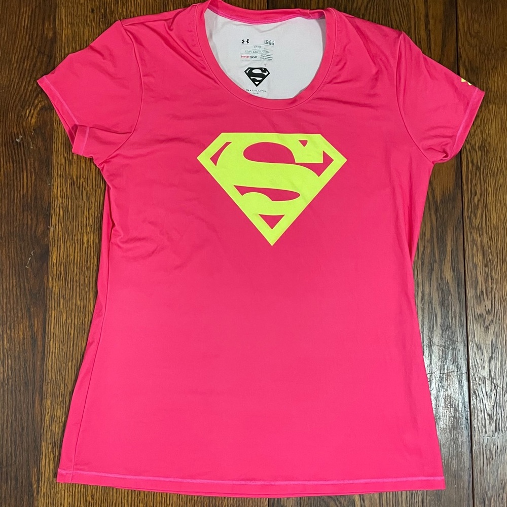 Under Armour Pink Yellow Superman Logo Shirt Top